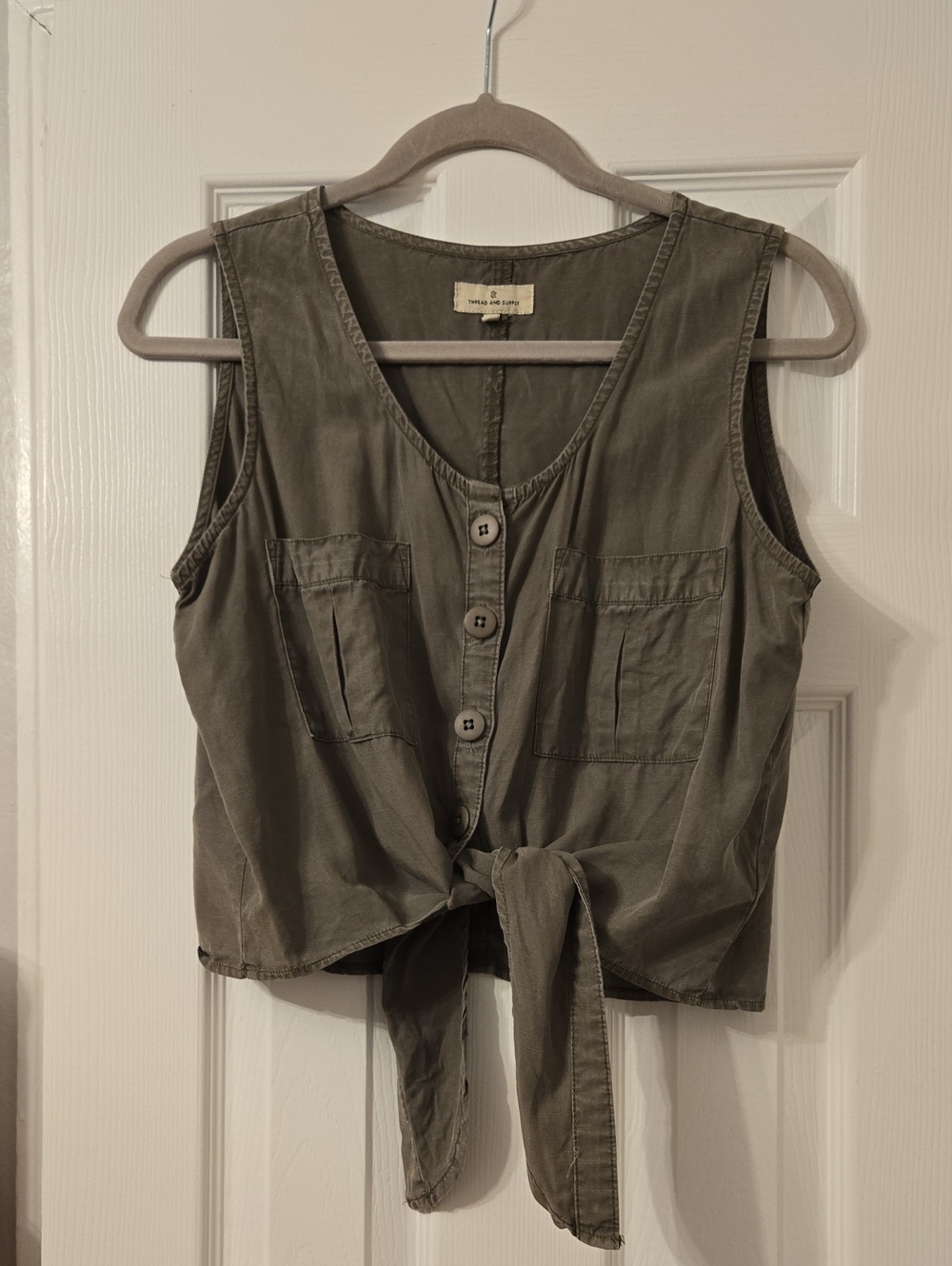 Thread and Suppl Olive Tie-Front Sleeveless Top